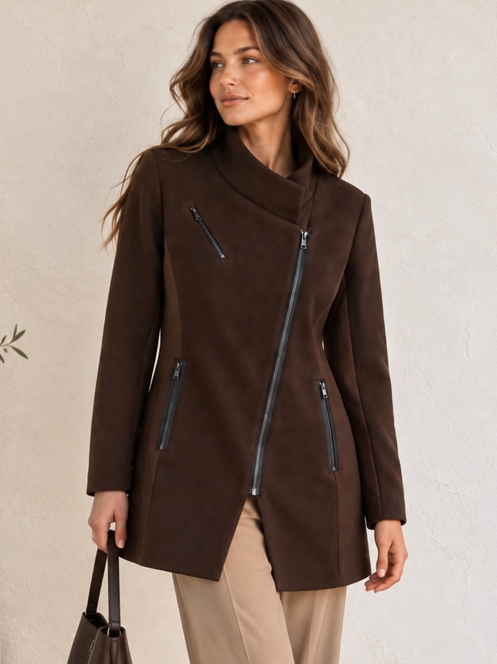 Modern Minimalist Cabi Chocolate Brown Stand Collar Asymmetrical Zip Jacket S